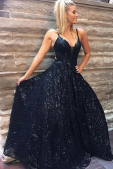 Spaghetti Straps A-line Dark Navy Lace Prom Dress Sparkly Long Evening Dresses